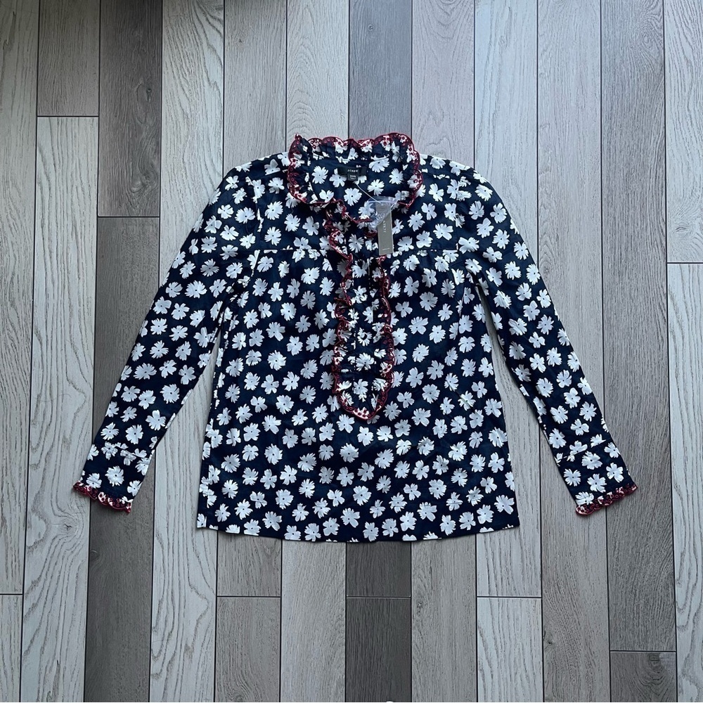 J. Crew Navy and White Floral Top with Red Trim